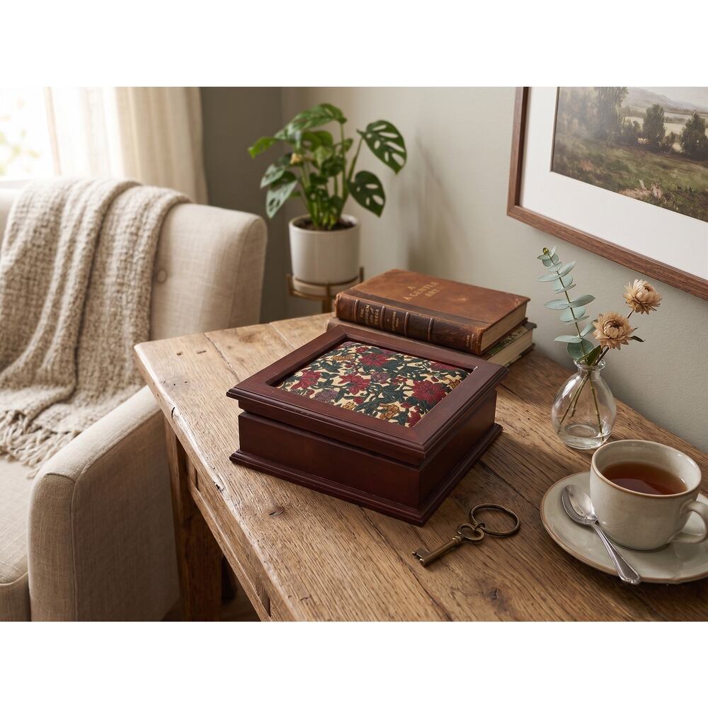 Vintage Wooden Jewelry Box Padded Floral Fabric Top Ring Rolls Organizer